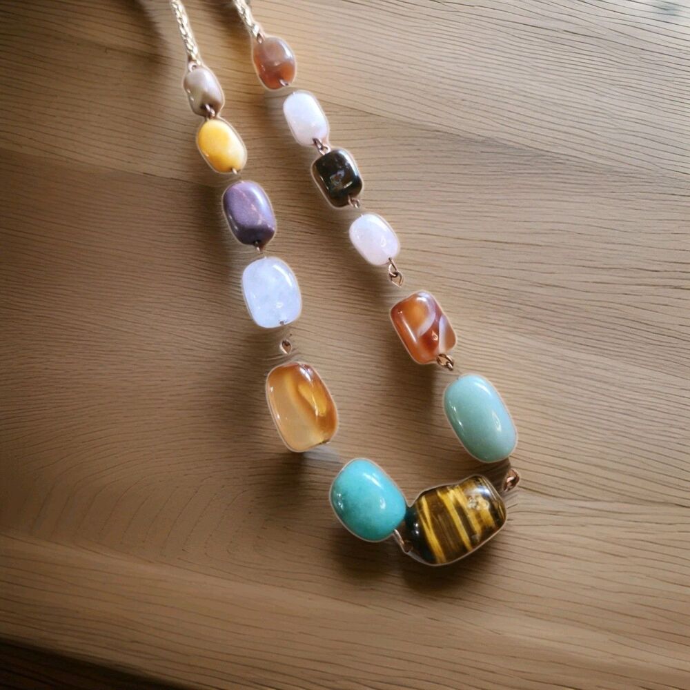 Bohemian Necklace Beggar Traveler Beads Mixed Polished Stone Vintage 24"